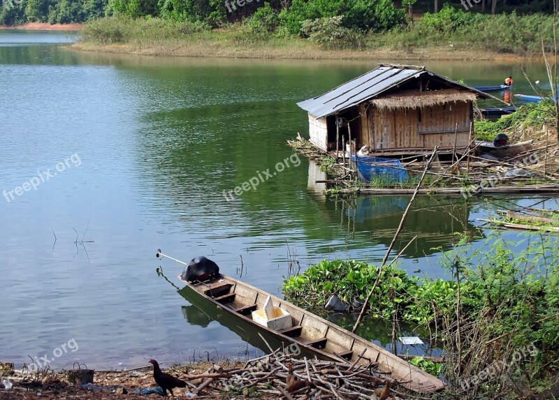 Laos Lake House Fisherman Reflections