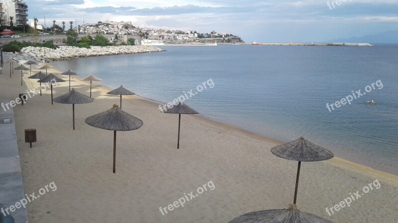 Greece Kavala Sea Umbrellas Beach