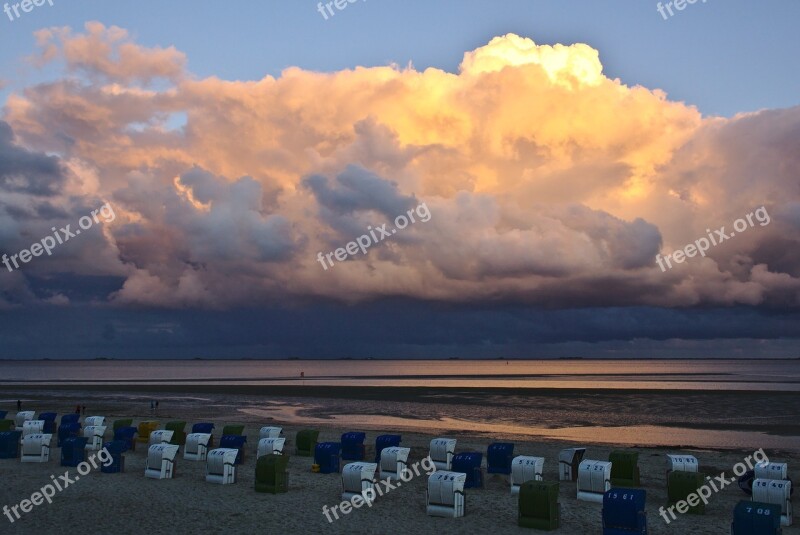 Beach Chairs Sunset Sky Cumulus North Sea