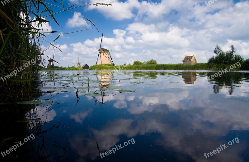 Kinderdijk Mill Water Clouds River