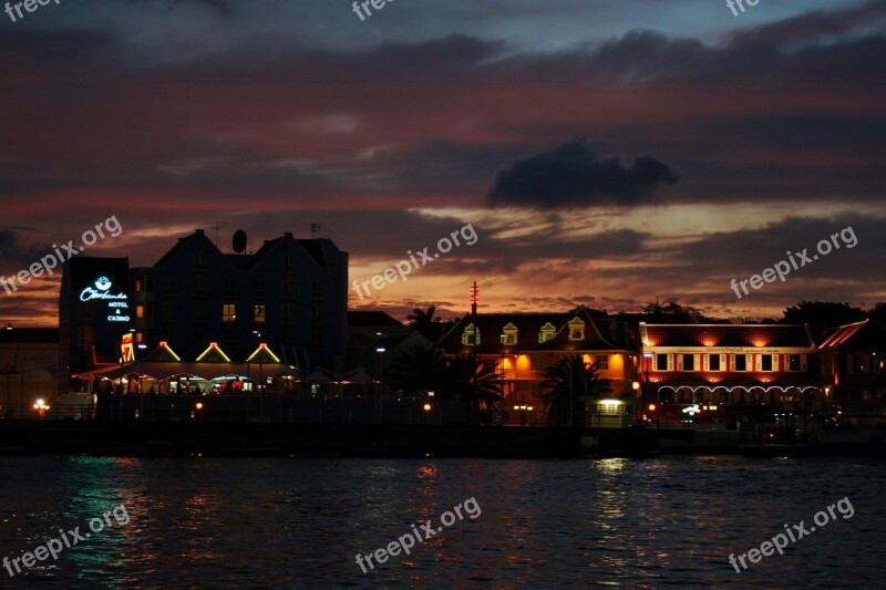 Sunset Curacao Houses Sea Sun