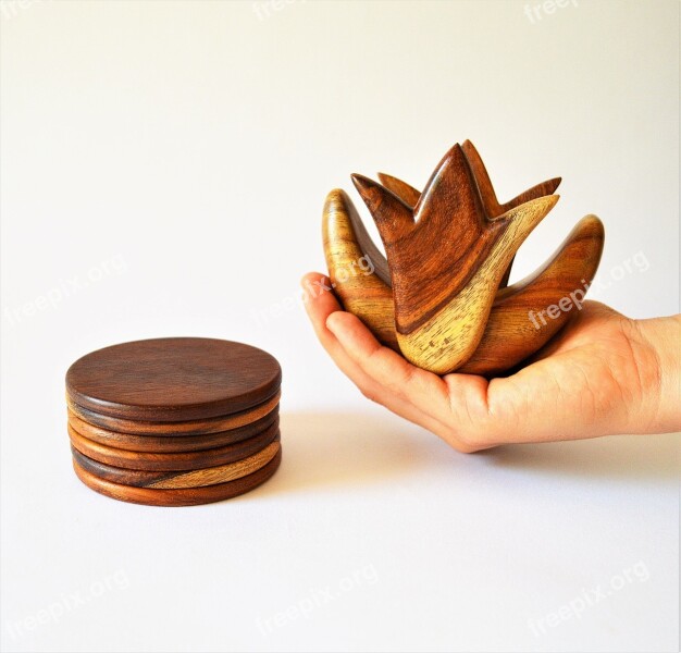 Coaster Set Wooden Coaster Lotus Flower Egypt Rosewood