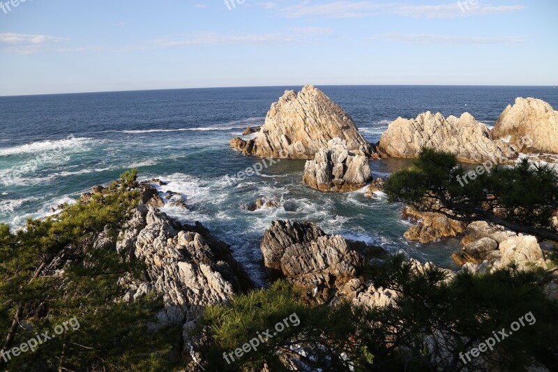 Coastal Sea Three Rock Sky