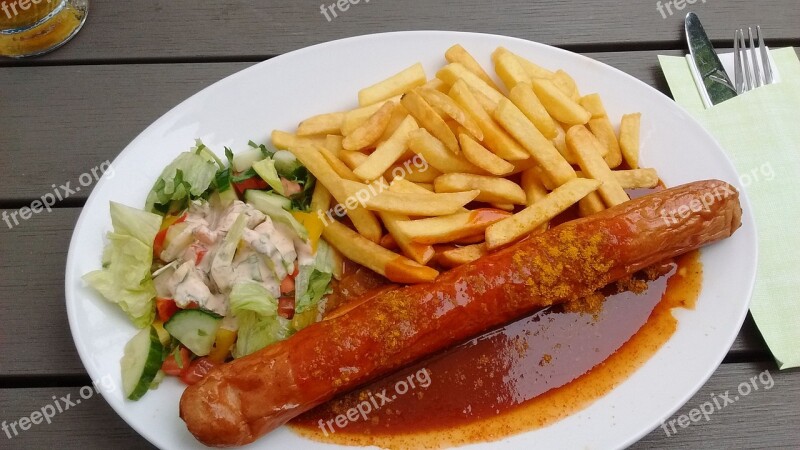 Currywurst Eat French Fries French Fast Food