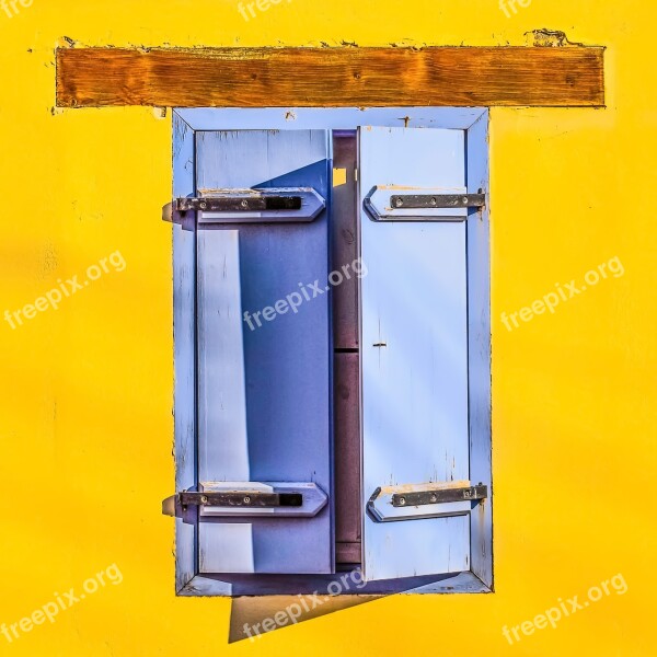 Window Wooden Blue Wall Yellow