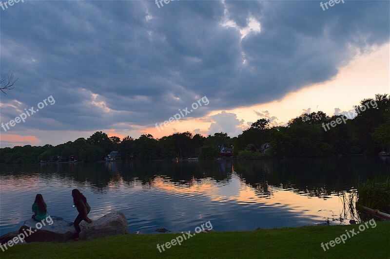 Sunset Lake Children Rock Reflection Water