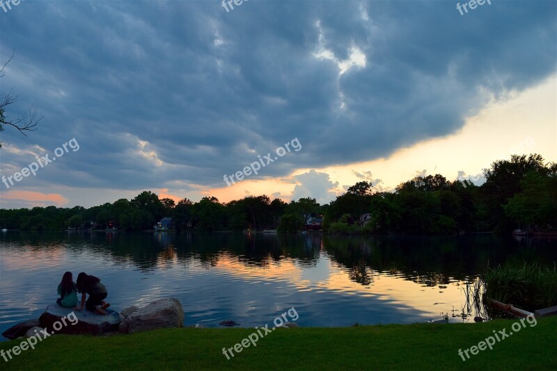 Sunset Lake Children Rock Sky