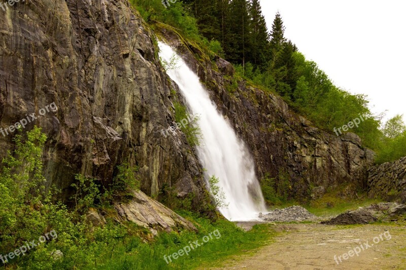 Waterfall Norway Mountains View Nature