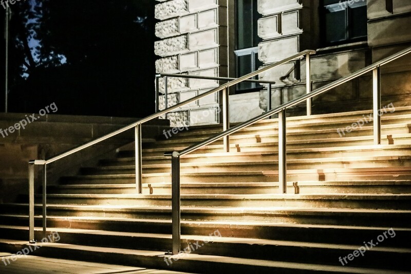 Stairs Curb Railing Night Building