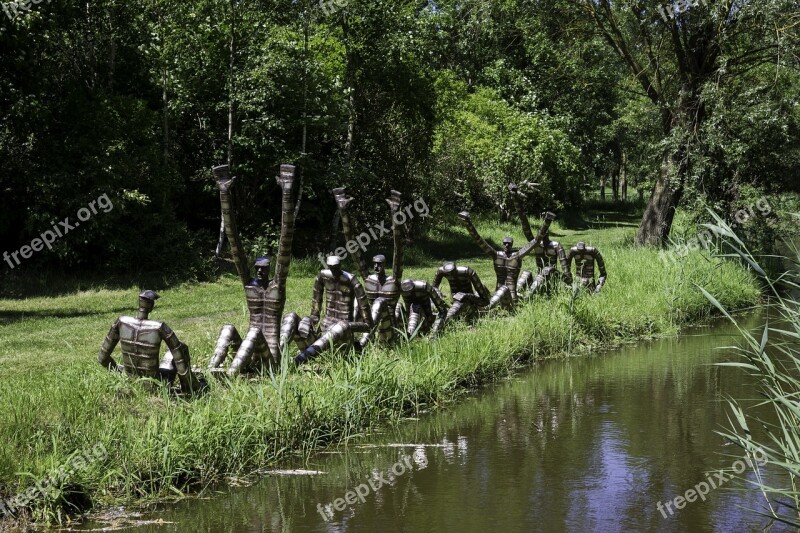 The Rowers Steel Group Sculpture Sculptor Bob Waters Trees Grass