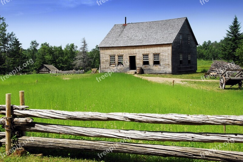 Acadian Village Cottage Rural Scene Flax Field Wooden Fence