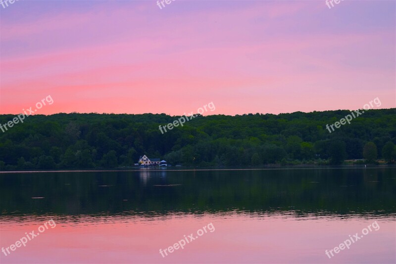 Lake Sunset Pink Sky Reflection Water