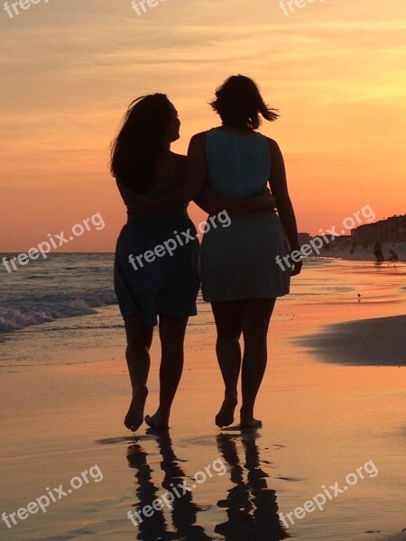 Beach Stroll Sunset People Together