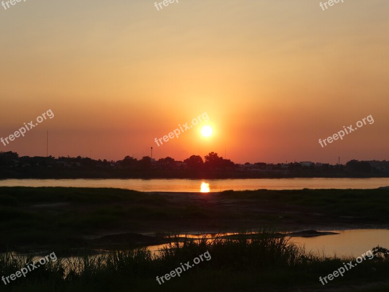 Sunset Laos Landscape River Water