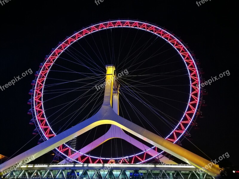 Tianjin The Ferris Wheel Night Shot Free Photos