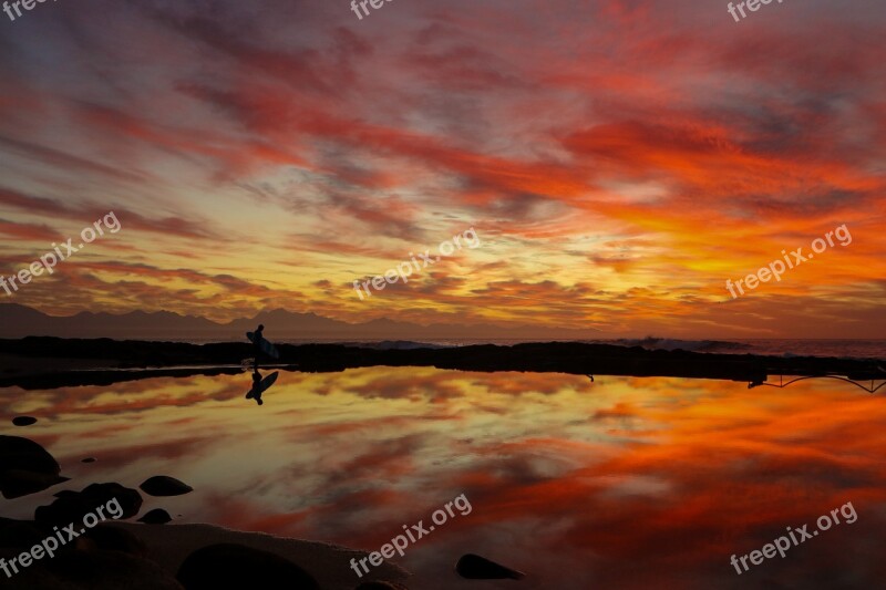 Surfer Sunset Reflection Sunrise Sky