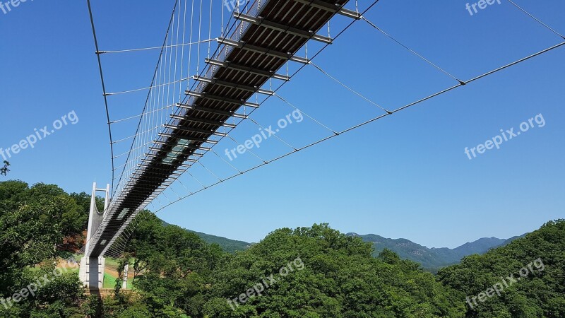 Bridge Rocking Legs Landscape Suspension Bridge Blue