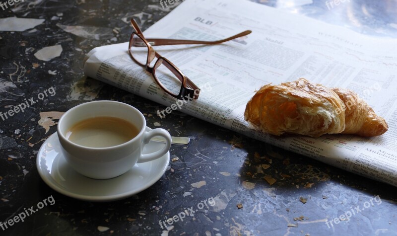 Espresso Newspaper Croissant Glasses Still Life