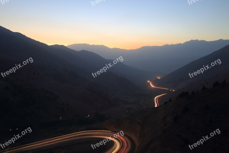 Mountains Sunset Serpentine Road Sky