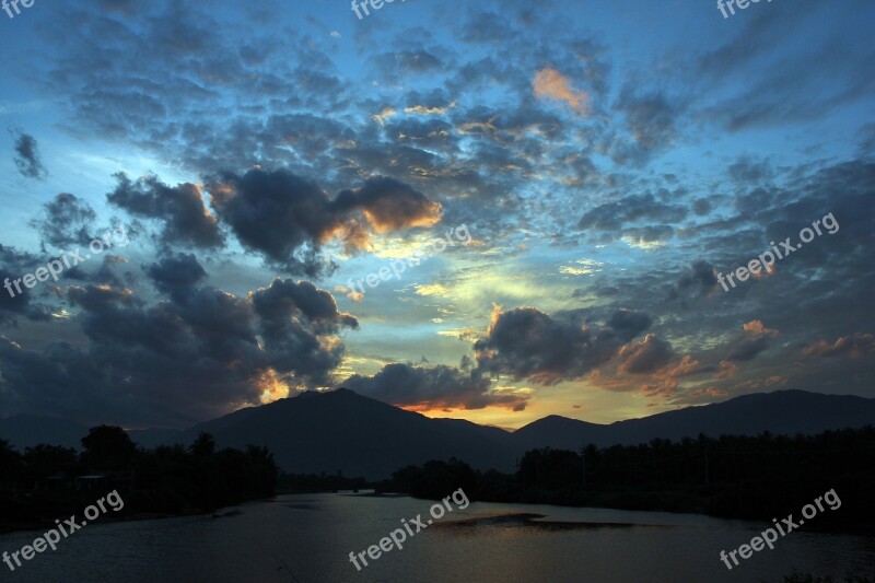 Mountain Sunset Sea Sky Could