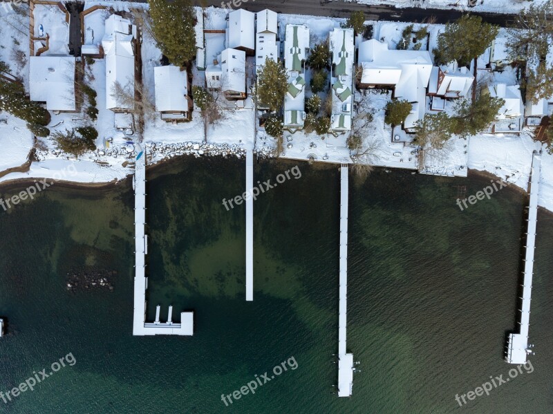 Drone Lake Pier Snow Winter