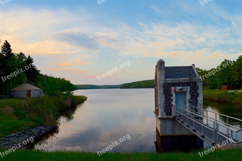 Lake Sunset Stone Building Reflection Clouds