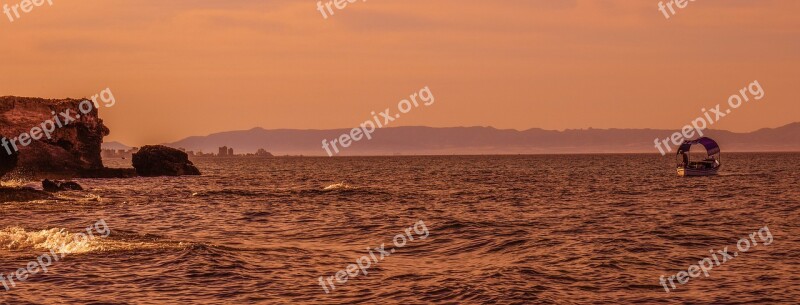 Sunset Sea Boat Rocky Coast Horizon