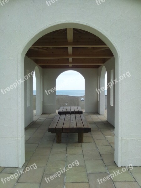 Bench Hill Sea Red Kimino Resting Place Symmetry