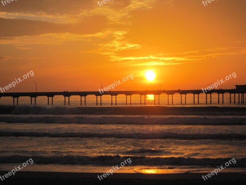 Sunset Waves Beach Pier San Diego