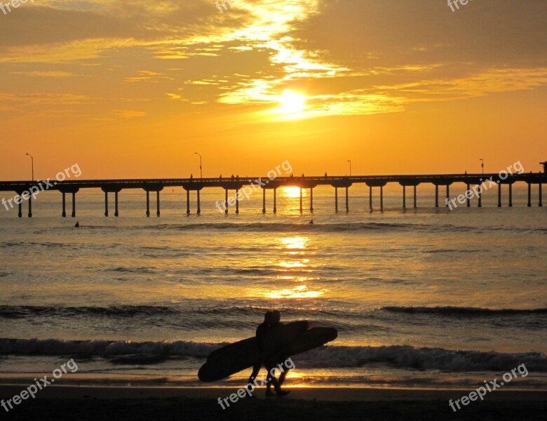 Sunset Surfer Silhouette Beach Sunset Surfboard