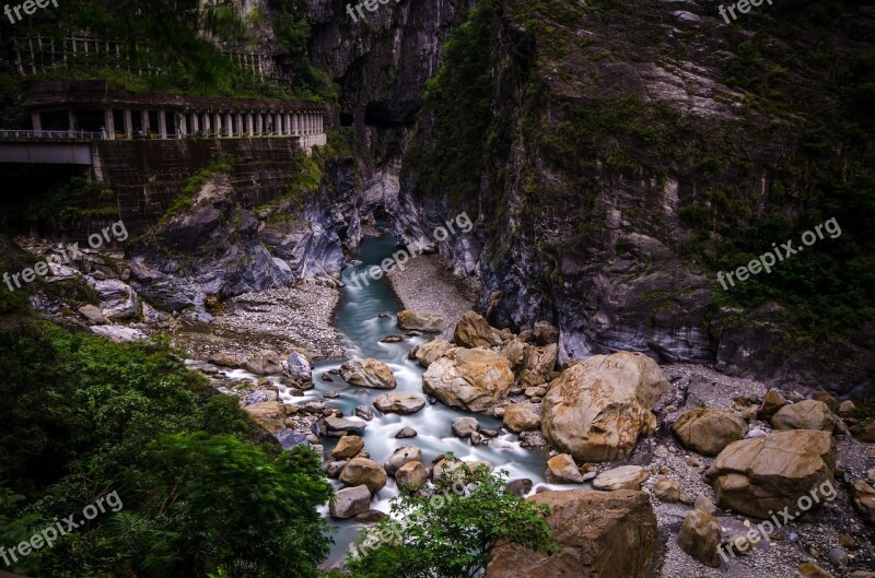 Taroko National Park Waterfall Rocks Landscape Mountain