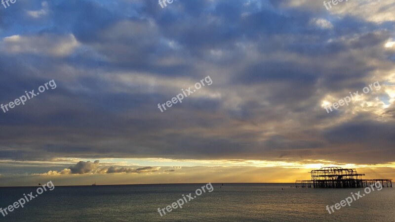 Sunset Brighton Pier Sea Clouds