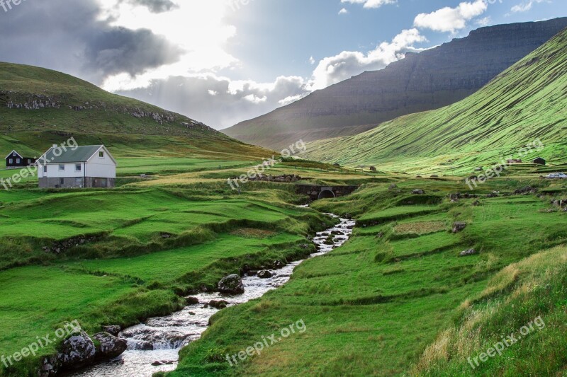 Blue Clouds Faroe Islands Green Mountain