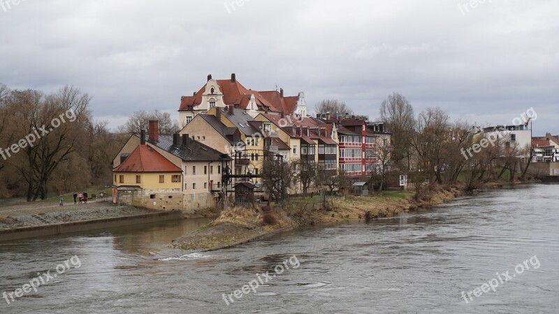 Houses River Regensburg Trees Old Houses