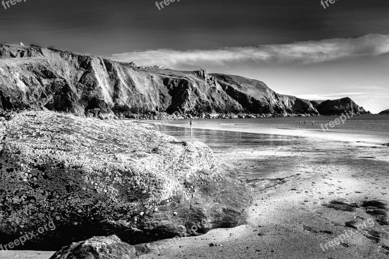 Coastline Cornwall England Black White Ocean