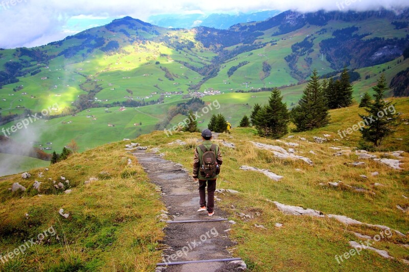 Trekking People Swiss Alps Mountain Alone