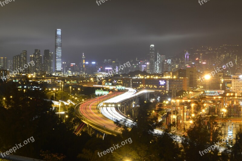 Hong Kong Night Light Rail City Cityscape