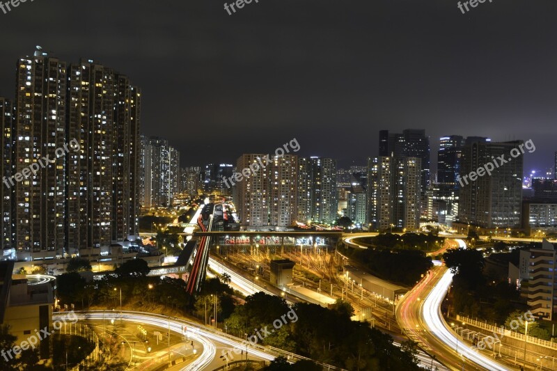 Hong Kong Night Light Rail City Cityscape