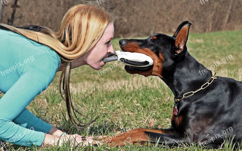 Doberman Dog Game Blonde Woman Love