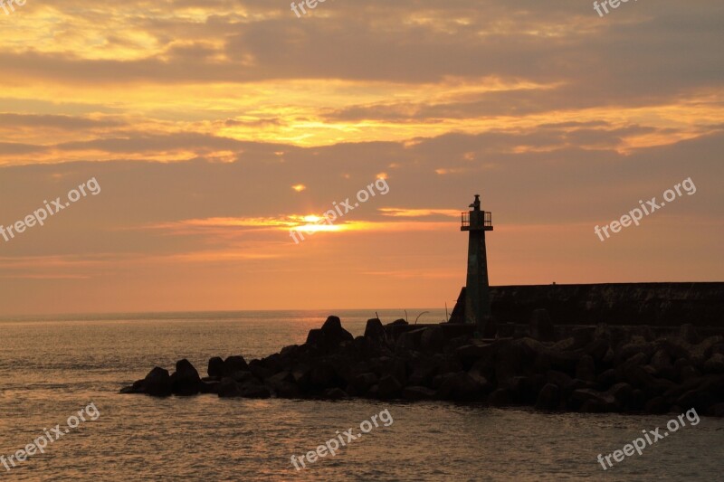 Sunset Port Lighthouses The Evening Sun Gold Yellow