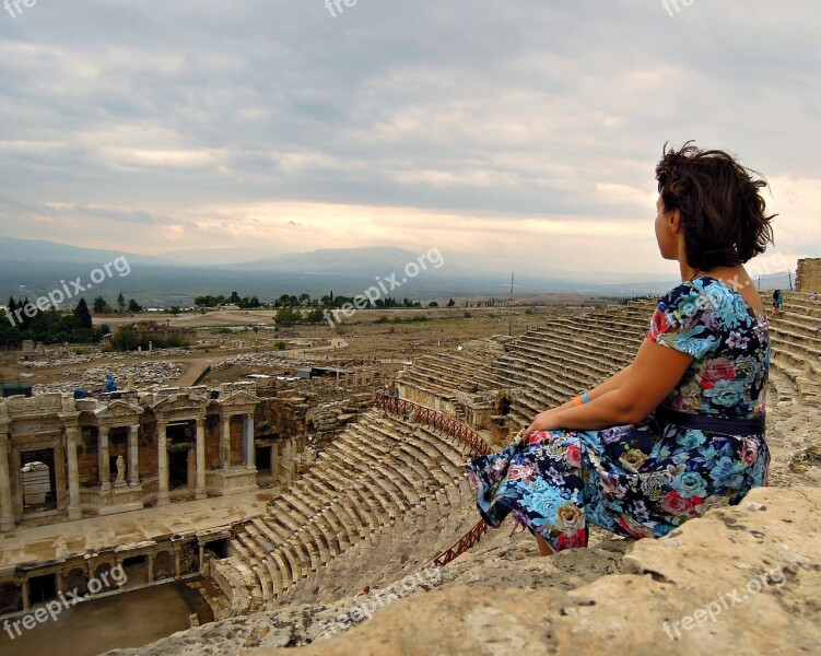 Woman Sitting Amphitheater Views Girl