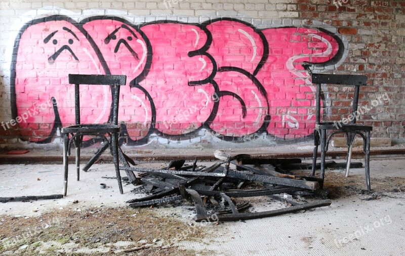 Chairs Burnt Wood Graffiti Letters Color