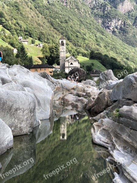 Valle Verzasca Mountains Switzerland Church Reflection