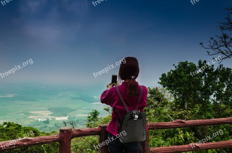 Girl Take A Photo Sightseeing Mountain On High