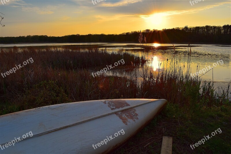 Canoe Sunset Lake Sun Water