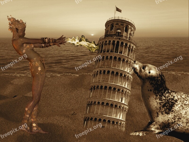 Fantasy Leaning Tower Of Pisa Seal Woman Sand