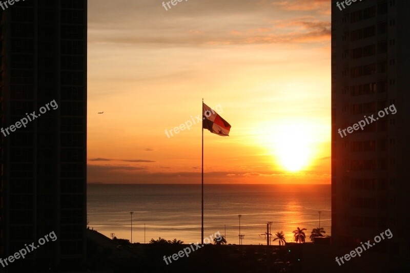 Flag Panama Ocean Sunrise Central America