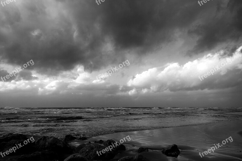 Sea Clouds Stones Bw Free Photos