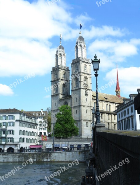 Church Zurich Switzerland Double Tower Historic Center