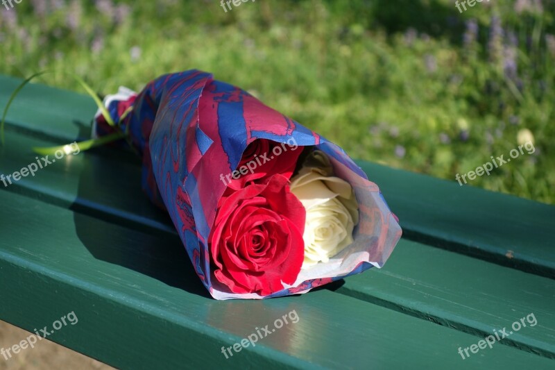 Rose Bouquet Empty Bench Love Romance Emotion